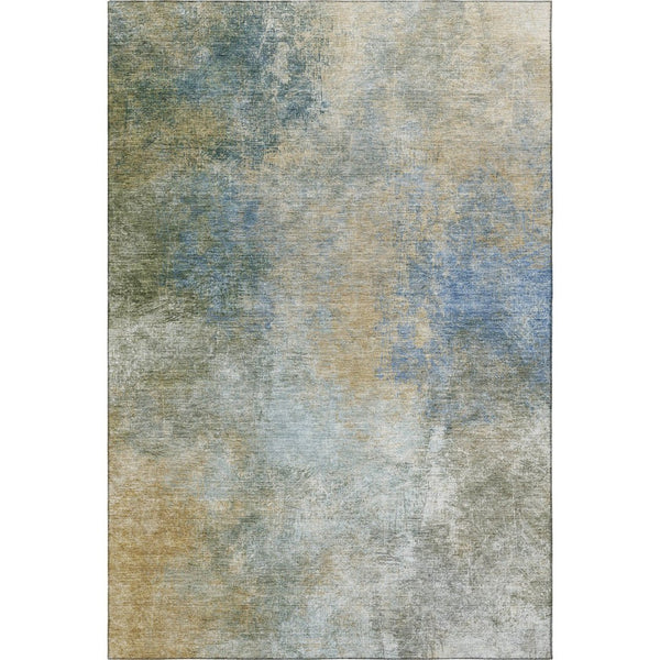 HomeRoots 5' X 8' Khaki Blue Gold Abstract Area Rug - Washable, UV Protected, Durable, Modern Design for Any Space 710570