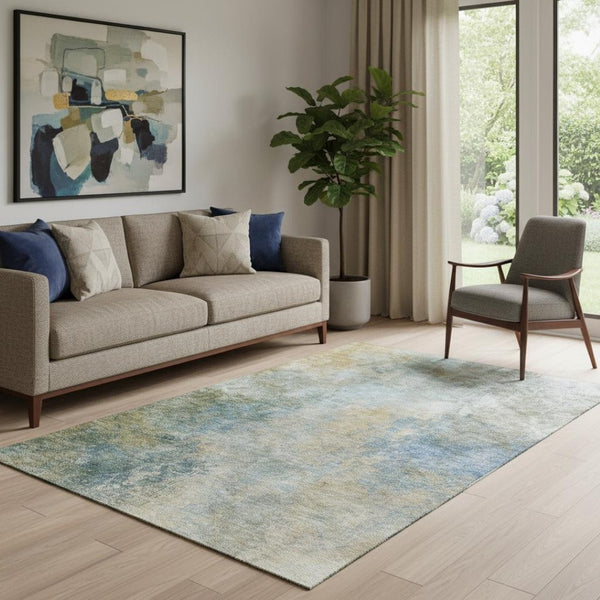 HomeRoots 8' Khaki Blue Gold Abstract Washable Round Rug - UV Protected, Durable, and Stylish for Every Home 710571