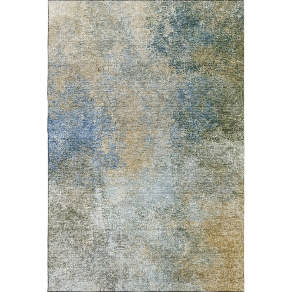 HomeRoots 8' Khaki Blue Gold Abstract Washable Round Rug - UV Protected, Durable, and Stylish for Every Home 710571