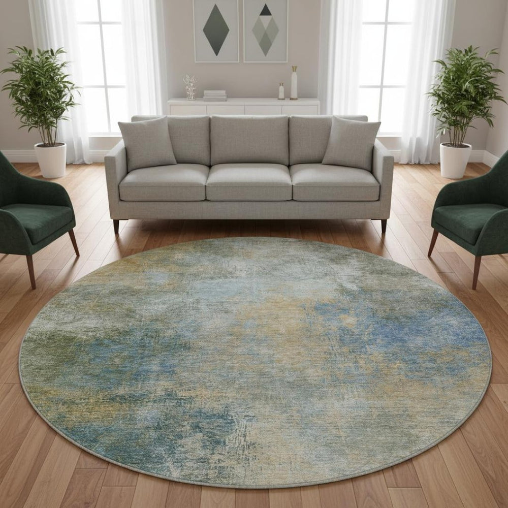 HomeRoots 8' X 10' Washable Abstract Area Rug in Khaki, Blue & Gold - UV Protected, Stain Resistant, Durable Design 710572