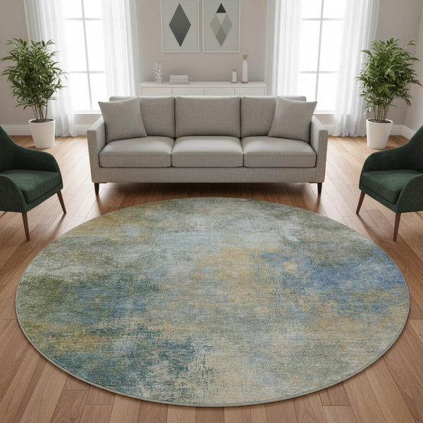 HomeRoots 8' X 10' Washable Abstract Area Rug in Khaki, Blue & Gold - UV Protected, Stain Resistant, Durable Design 710572