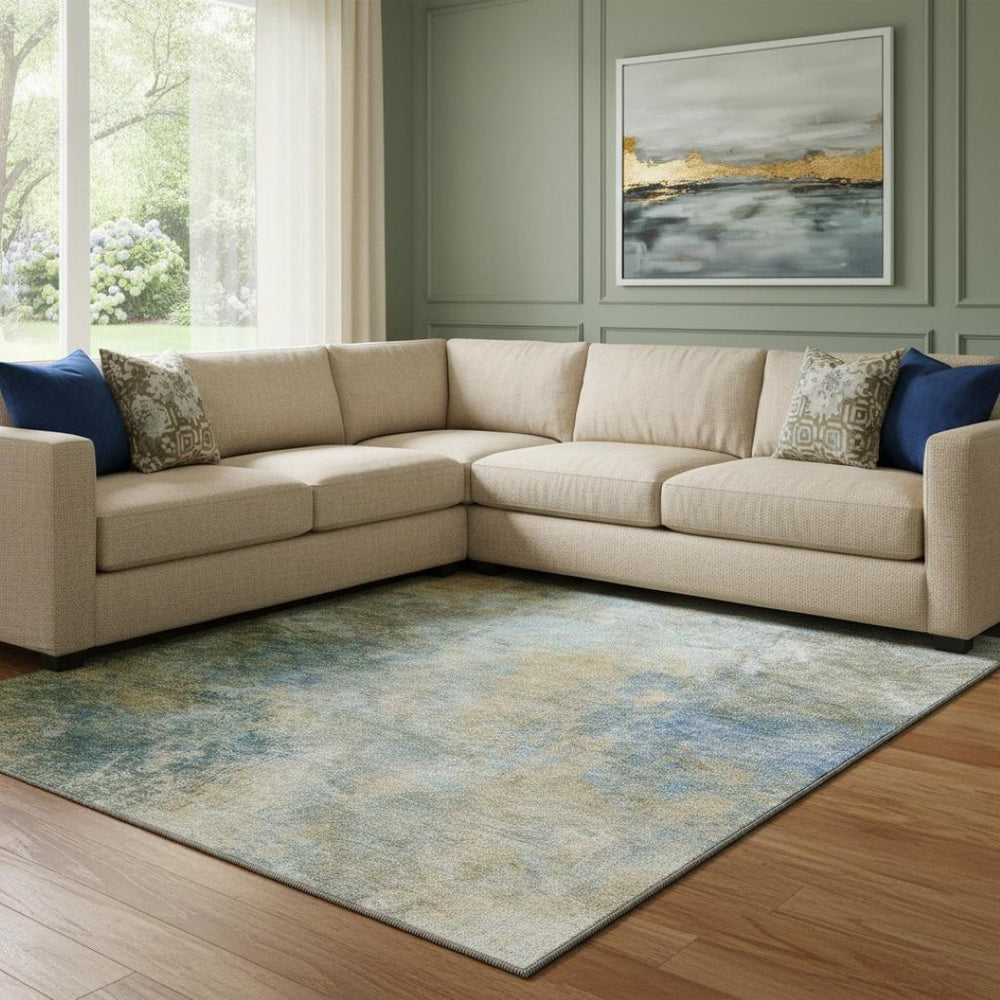 HomeRoots 9' X 12' Khaki Blue Gold Abstract Area Rug - Washable, UV Protected, Stain Resistant for Busy Homes 710573