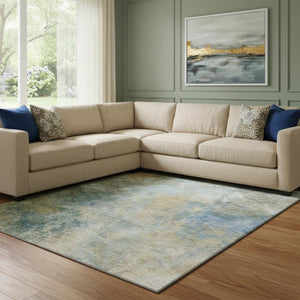 HomeRoots 9' X 12' Khaki Blue Gold Abstract Area Rug - Washable, UV Protected, Stain Resistant for Busy Homes 710573