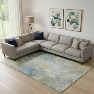 HomeRoots 10' X 14' Khaki Blue Gold Abstract Washable Area Rug with UV Protection for Modern Homes & Families 710574