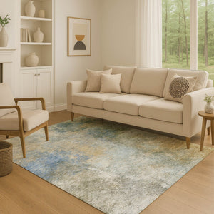 HomeRoots 10' X 14' Khaki Blue Gold Abstract Washable Area Rug with UV Protection for Modern Homes & Families 710574
