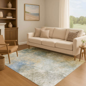 HomeRoots 10' X 14' Khaki Blue Gold Abstract Washable Area Rug with UV Protection for Modern Homes & Families 710574