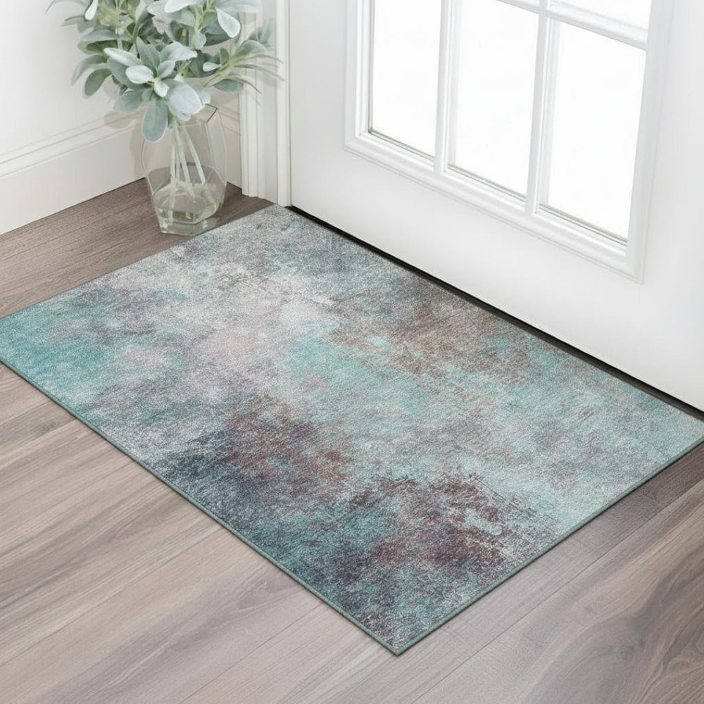 HomeRoots 5' X 8' Teal and Taupe Abstract Area Rug - Machine Washable, UV Protected, Ideal for Busy Homes 710582