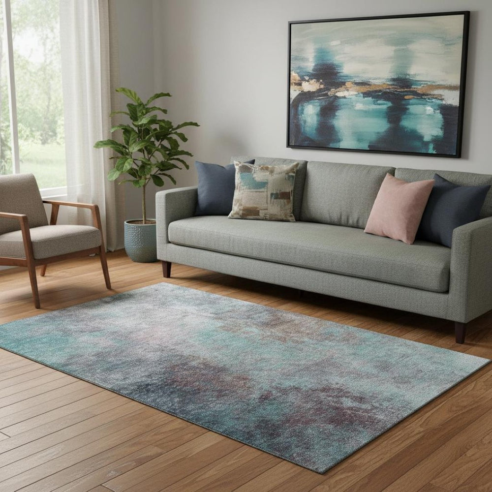 HomeRoots 8' Teal and Taupe Abstract Washable Round Rug with UV Protection for High-Traffic Family Spaces 710583