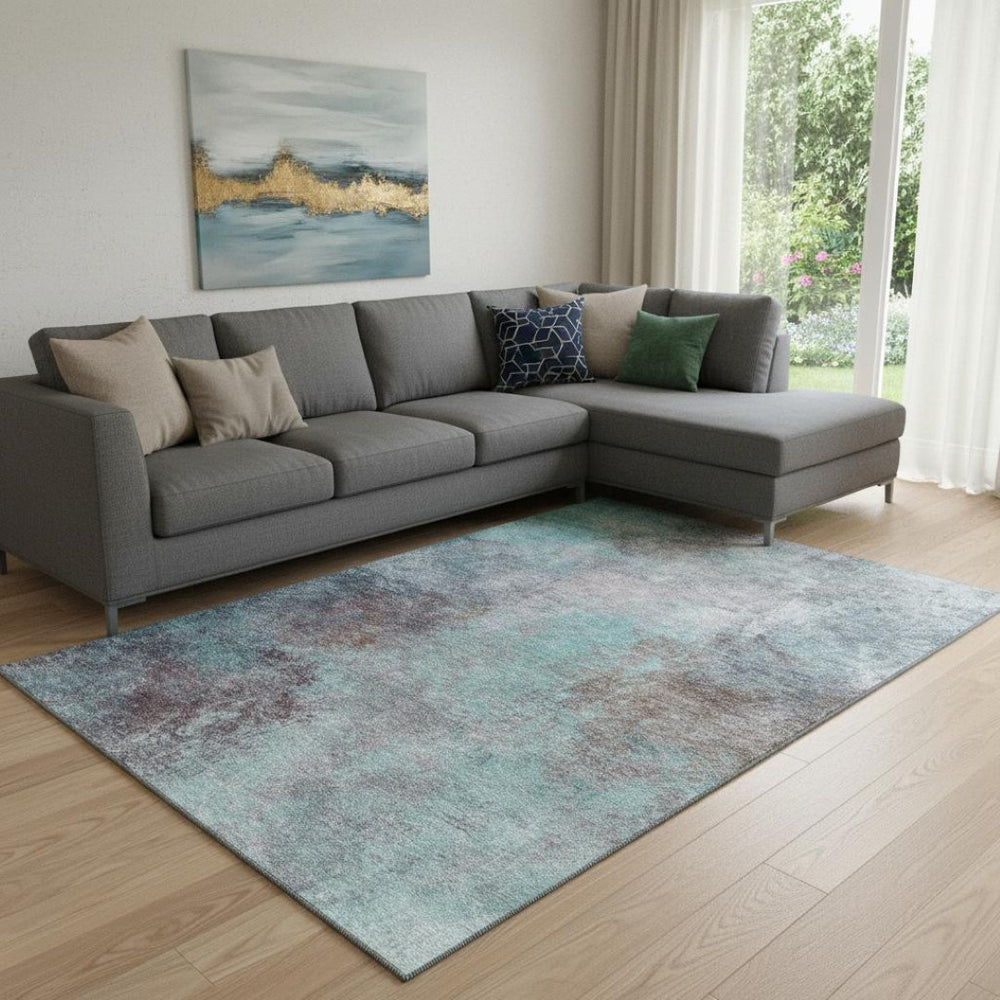HomeRoots 9' X 12' Teal and Taupe Abstract Area Rug - Stylish, Washable, UV-Protected for Modern Living Spaces 710585