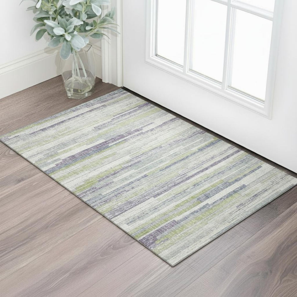 HomeRoots 5' X 8' Artichoke Green Striped Area Rug - Machine Washable, UV Protected, Perfect for High-Traffic Spaces 710588