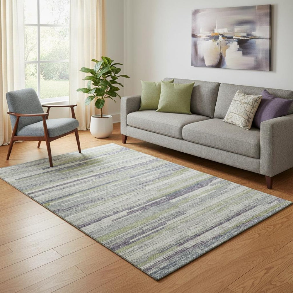 HomeRoots 8' Washable Round Rug in Artichoke Green, Ivory & Plum Stripes – UV Protected, Non-Slip, Durable Design 710589