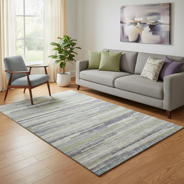 HomeRoots 8' Washable Round Rug in Artichoke Green, Ivory & Plum Stripes – UV Protected, Non-Slip, Durable Design 710589