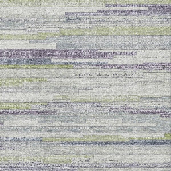HomeRoots 8' Washable Round Rug in Artichoke Green, Ivory & Plum Stripes – UV Protected, Non-Slip, Durable Design 710589