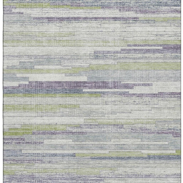 HomeRoots 8' Washable Round Rug in Artichoke Green, Ivory & Plum Stripes – UV Protected, Non-Slip, Durable Design 710589