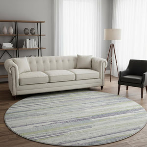 HomeRoots 8' X 10' Striped Artichoke Green, Ivory & Plum Washable Area Rug - Stain Resistant & UV Protected 710590