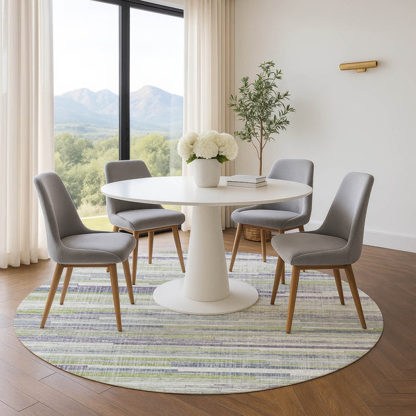 HomeRoots 8' X 10' Striped Artichoke Green, Ivory & Plum Washable Area Rug - Stain Resistant & UV Protected 710590