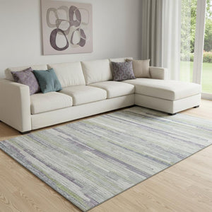 HomeRoots 9' X 12' Striped Area Rug in Artichoke Green, Ivory & Plum - Washable, UV Protected, Durable Design 710591