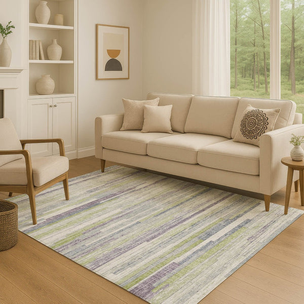 HomeRoots 9' X 12' Striped Area Rug in Artichoke Green, Ivory & Plum - Washable, UV Protected, Durable Design 710591