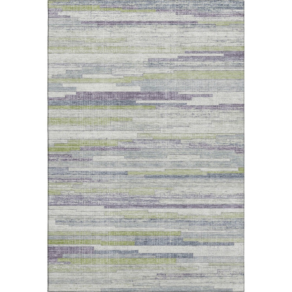 HomeRoots 9' X 12' Striped Area Rug in Artichoke Green, Ivory & Plum - Washable, UV Protected, Durable Design 710591