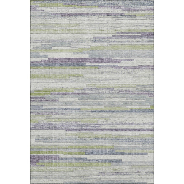 HomeRoots 9' X 12' Striped Area Rug in Artichoke Green, Ivory & Plum - Washable, UV Protected, Durable Design 710591