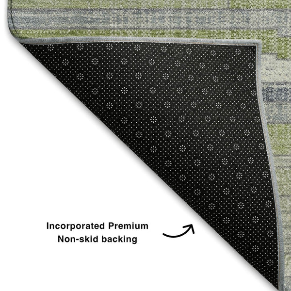 HomeRoots 9' X 12' Striped Area Rug in Artichoke Green, Ivory & Plum - Washable, UV Protected, Durable Design 710591