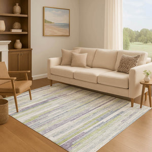 HomeRoots 9' X 12' Striped Area Rug in Artichoke Green, Ivory & Plum - Washable, UV Protected, Durable Design 710591