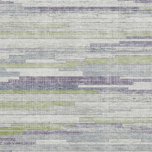 HomeRoots 9' X 12' Striped Area Rug in Artichoke Green, Ivory & Plum - Washable, UV Protected, Durable Design 710591