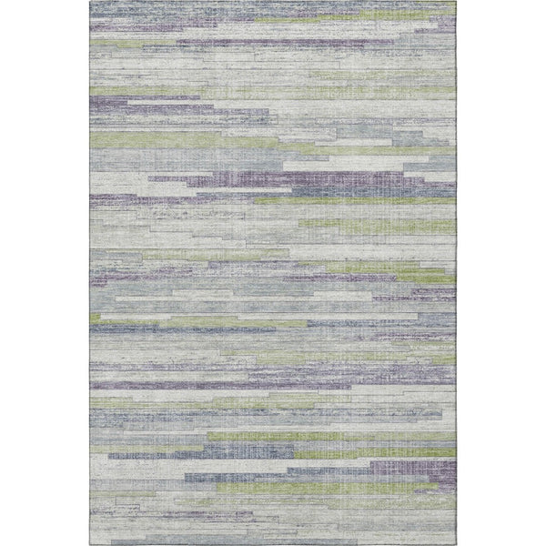 HomeRoots 9' X 12' Striped Area Rug in Artichoke Green, Ivory & Plum - Washable, UV Protected, Durable Design 710591