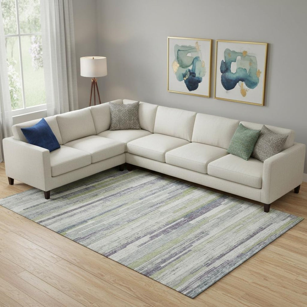 HomeRoots 10' Striped Washable Area Rug in Artichoke Green, Ivory & Plum – UV Protected, Stain-Resistant Design 710592
