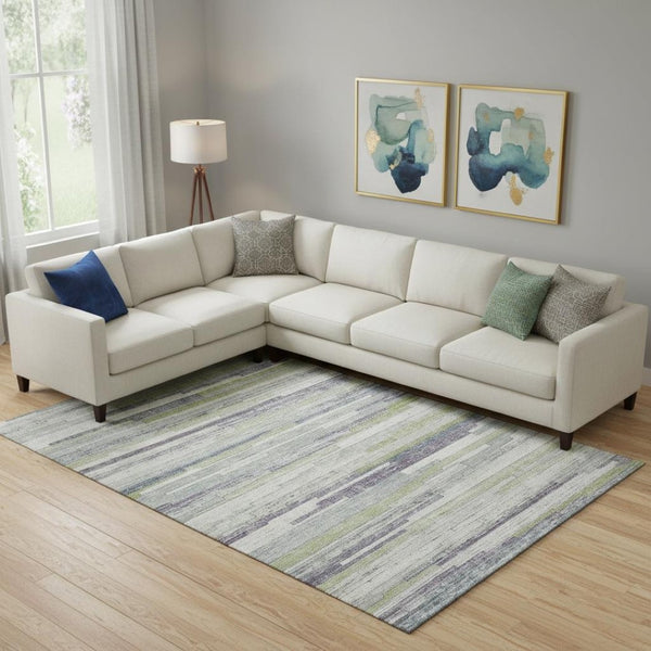 HomeRoots 10' Striped Washable Area Rug in Artichoke Green, Ivory & Plum – UV Protected, Stain-Resistant Design 710592