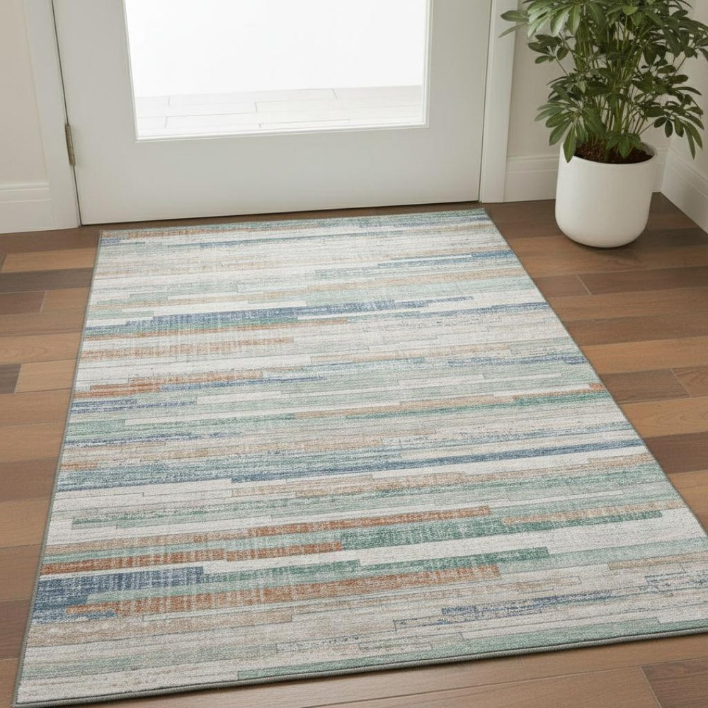 HomeRoots 5' X 8' Linen Copper and Ivory Striped Area Rug - Stylish, Washable, Stain-Resistant with UV Protection 710594