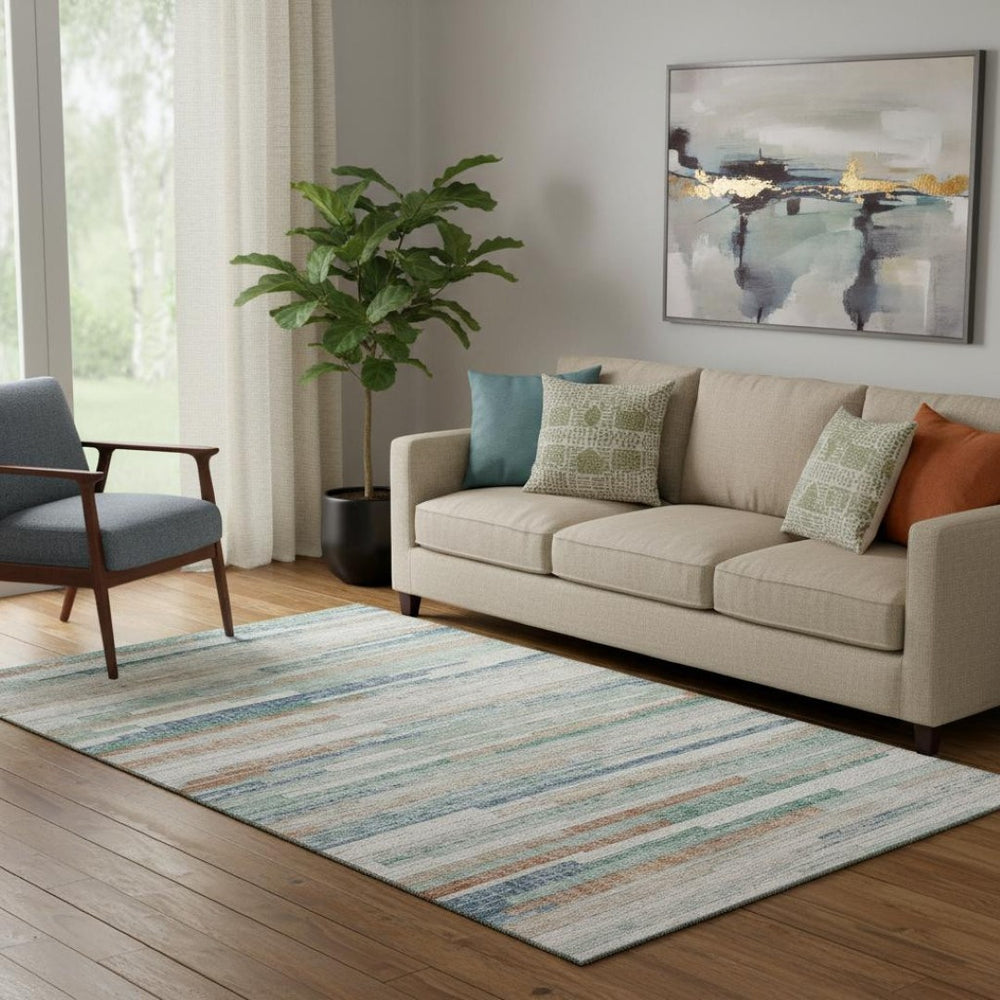 HomeRoots 8' Linen Copper and Ivory Striped Washable Round Rug with Stain Resistance and UV Protection Features 710595
