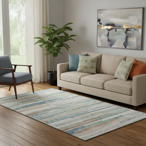 HomeRoots 8' Linen Copper and Ivory Striped Washable Round Rug with Stain Resistance and UV Protection Features 710595