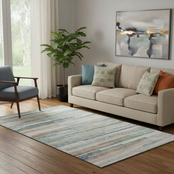 HomeRoots 8' Linen Copper and Ivory Striped Washable Round Rug with Stain Resistance and UV Protection Features 710595