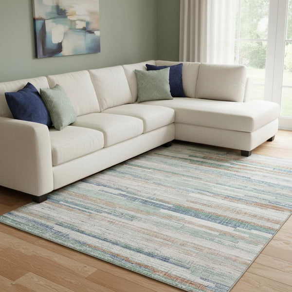 HomeRoots 9' X 12' Striped Washable Area Rug in Linen Copper and Ivory with UV Protection for High-Traffic Areas 710597