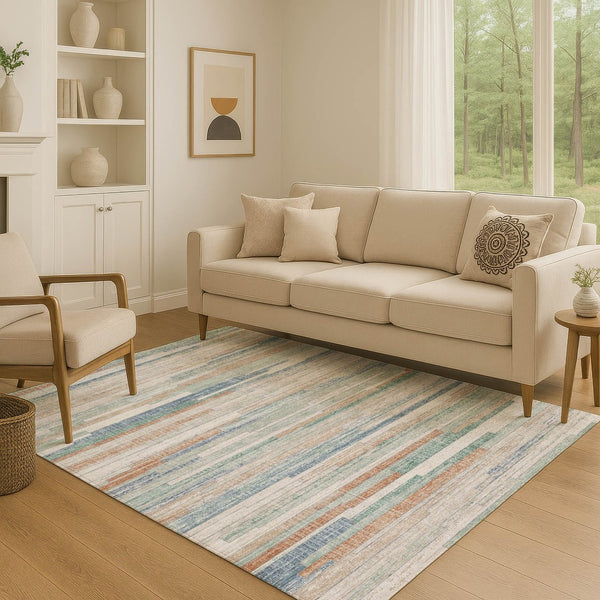 HomeRoots 9' X 12' Striped Washable Area Rug in Linen Copper and Ivory with UV Protection for High-Traffic Areas 710597