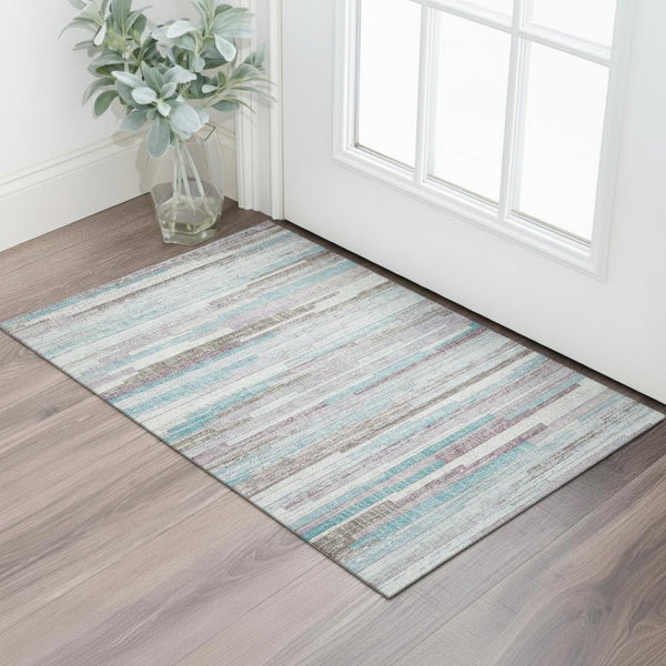 HomeRoots 5' X 8' Stylish Teal Beige Ivory Striped Washable Area Rug with UV Protection for High-Traffic Spaces 710600