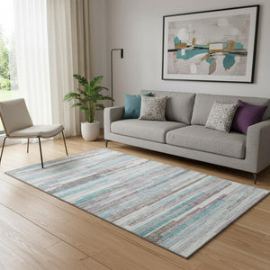 HomeRoots 8' Teal Beige and Ivory Striped Round Rug - Washable, UV Protected, Durable & Stylish for Homes 710601