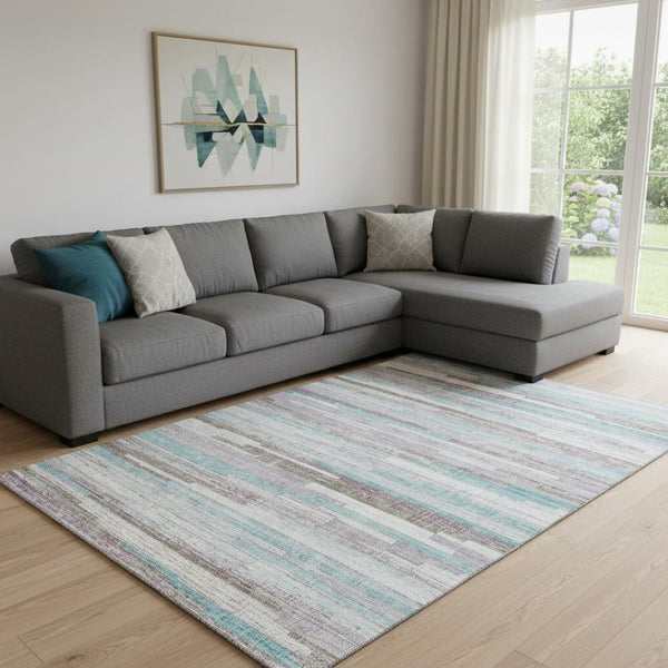 HomeRoots 9' X 12' Stylish Teal Beige Ivory Striped Washable Area Rug with UV Protection for Home Comfort 710603