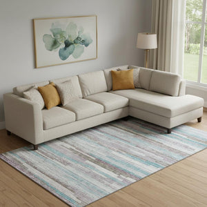 HomeRoots 10' X 14' Stylish Teal Beige Ivory Striped Washable Area Rug with UV Protection for Easy Care 710604