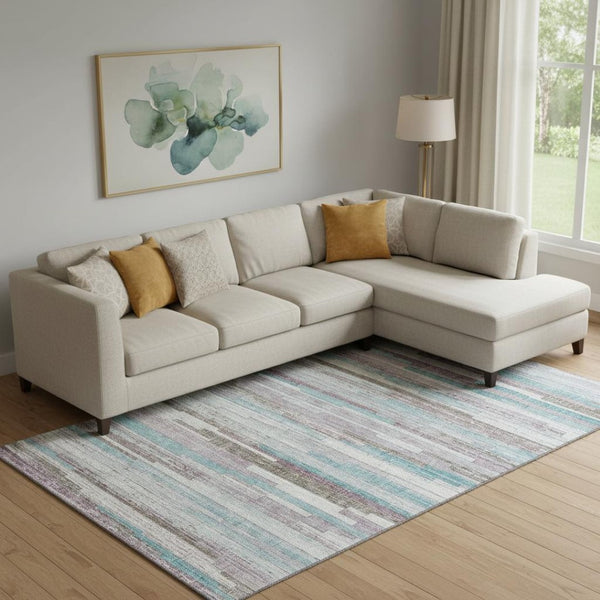 HomeRoots 10' X 14' Stylish Teal Beige Ivory Striped Washable Area Rug with UV Protection for Easy Care 710604