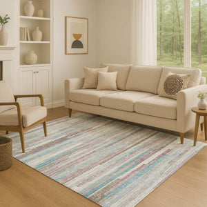 HomeRoots 10' X 14' Stylish Teal Beige Ivory Striped Washable Area Rug with UV Protection for Easy Care 710604