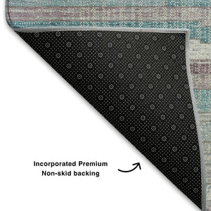 HomeRoots 10' X 14' Stylish Teal Beige Ivory Striped Washable Area Rug with UV Protection for Easy Care 710604