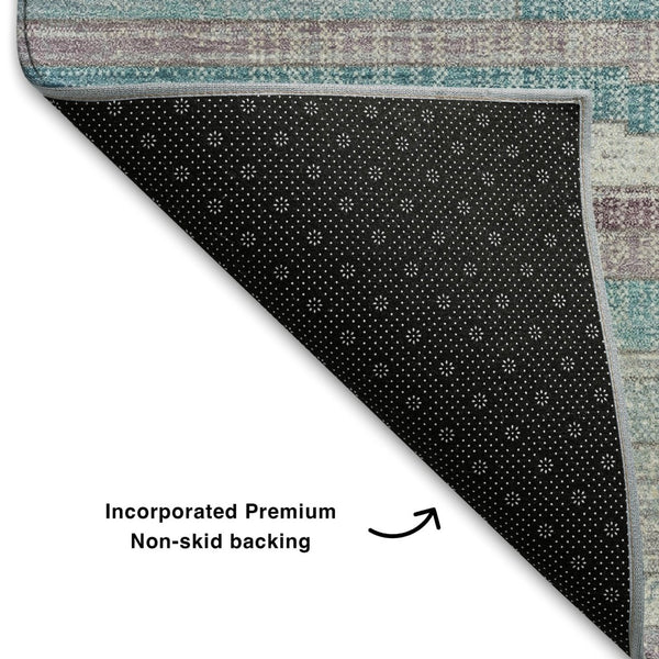 HomeRoots 10' X 14' Stylish Teal Beige Ivory Striped Washable Area Rug with UV Protection for Easy Care 710604