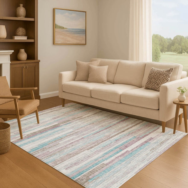 HomeRoots 10' X 14' Stylish Teal Beige Ivory Striped Washable Area Rug with UV Protection for Easy Care 710604