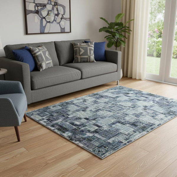 HomeRoots 8' Contemporary Geometric Washable Round Rug in Denim Blue, Ivory & Gray with UV Protection 710607
