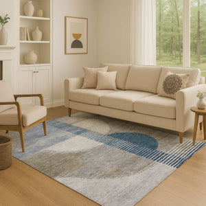 HomeRoots 8' Contemporary Geometric Washable Round Rug in Denim Blue, Ivory & Gray with UV Protection 710607
