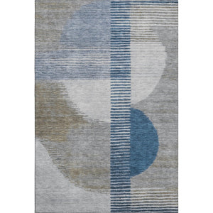 HomeRoots 8' Contemporary Geometric Washable Round Rug in Denim Blue, Ivory & Gray with UV Protection 710607