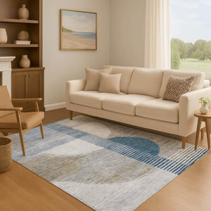 HomeRoots 8' Contemporary Geometric Washable Round Rug in Denim Blue, Ivory & Gray with UV Protection 710607