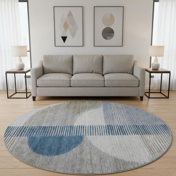 HomeRoots 8' X 10' Stylish Denim Blue, Ivory & Gray Geometric Washable Area Rug with UV Protection & Durability 710608